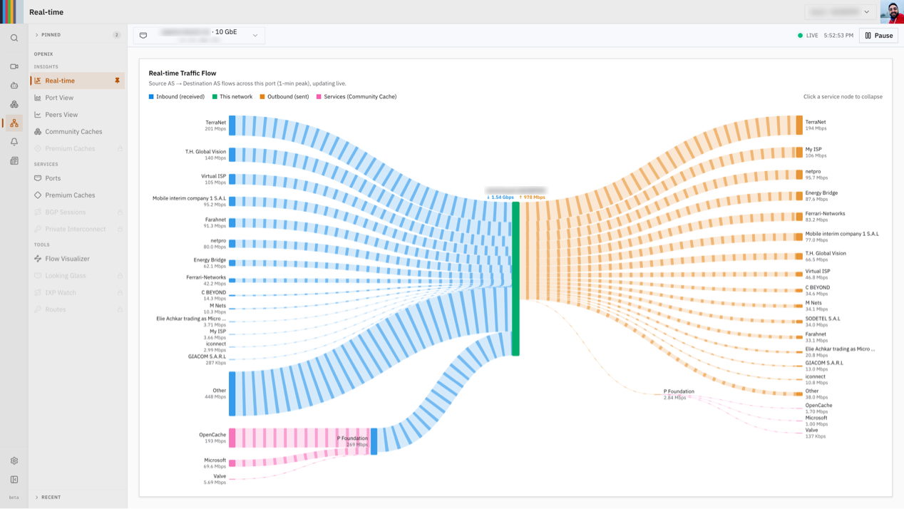 Realtime insights in the P Foundation Console, showing a member's live traffic across the exchange